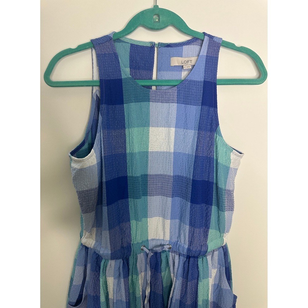 NWT LOFT Seersucker Blue Plaid Cutout Back Dress Midi Pocket Small Brunch Picnic - Picture 4 of 16